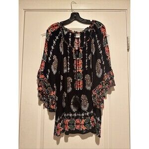 Bila Tunic Size XXL Black Floral Print Tie Tassel Neck Bell Sleeve BOHO Peasant